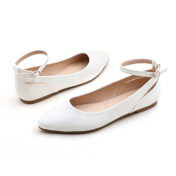 LURNYET Women's WHITE PU Casual Ankle Strap Pointed Toe Ballet Flats Shoes - Picture 1 of 5